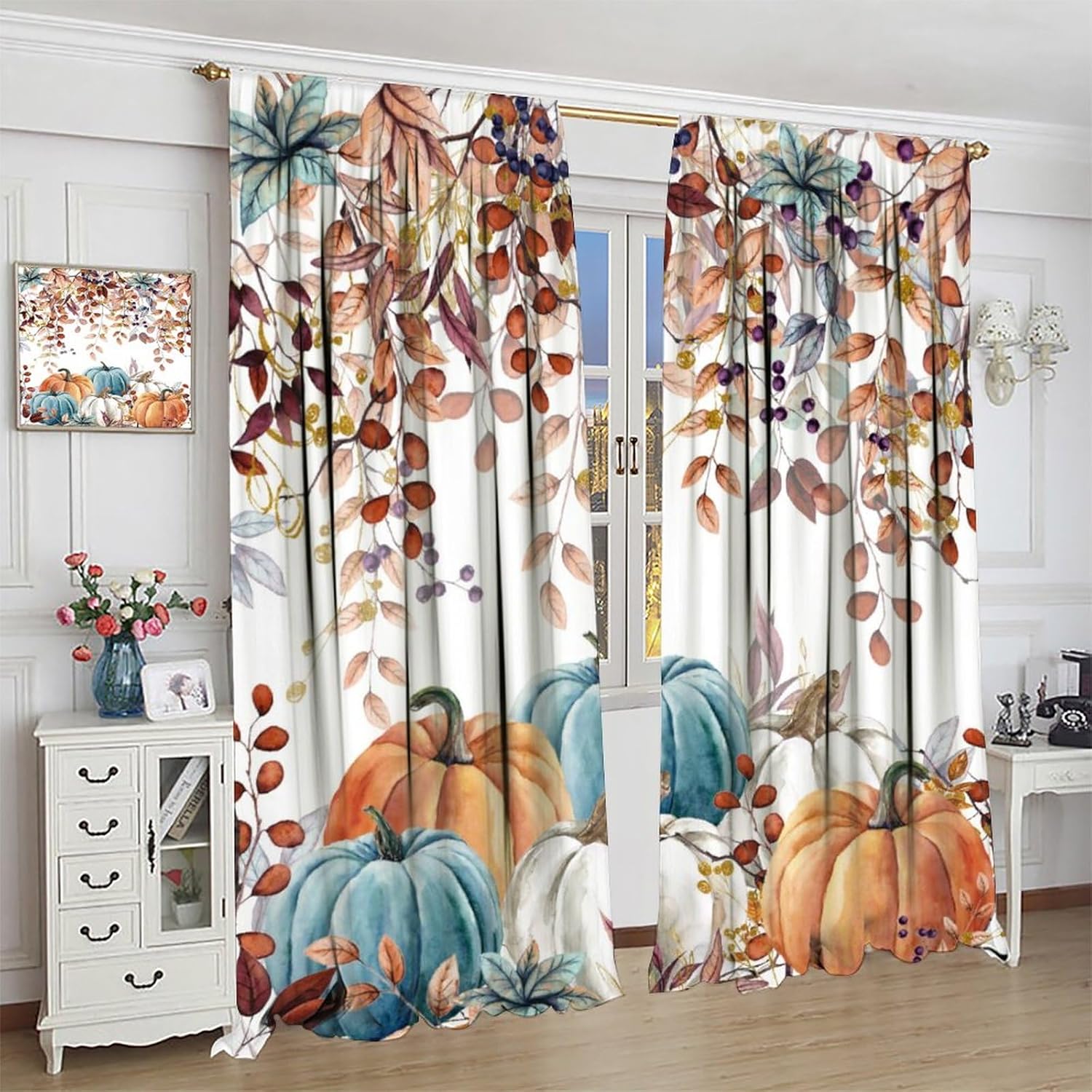 Cortinas de cocina de calabaza otoñal, rústicas, de otoño, hojas de acuarela, impresiones artísticas opacas con bolsillo para barra, cortinas de