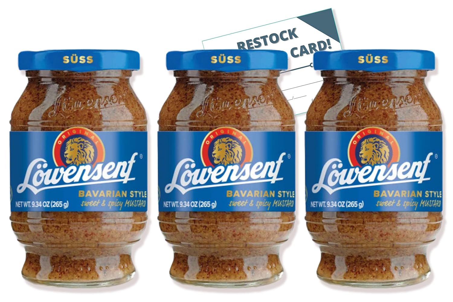 Lowensenf IntFeast – Mostaza dulce alemana bávara, 10.05 onzas (paquete de 3) con tarjeta de reabastecimiento de comestibles