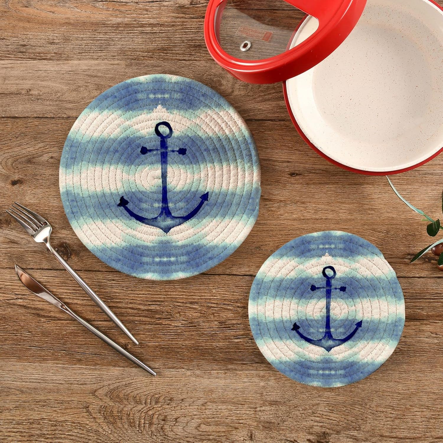 Anclajes náuticos, soportes para ollas de mar, 2 piezas resistentes al calor para platos calientes, acuarelas de verano, tejido de hilo de algodón
