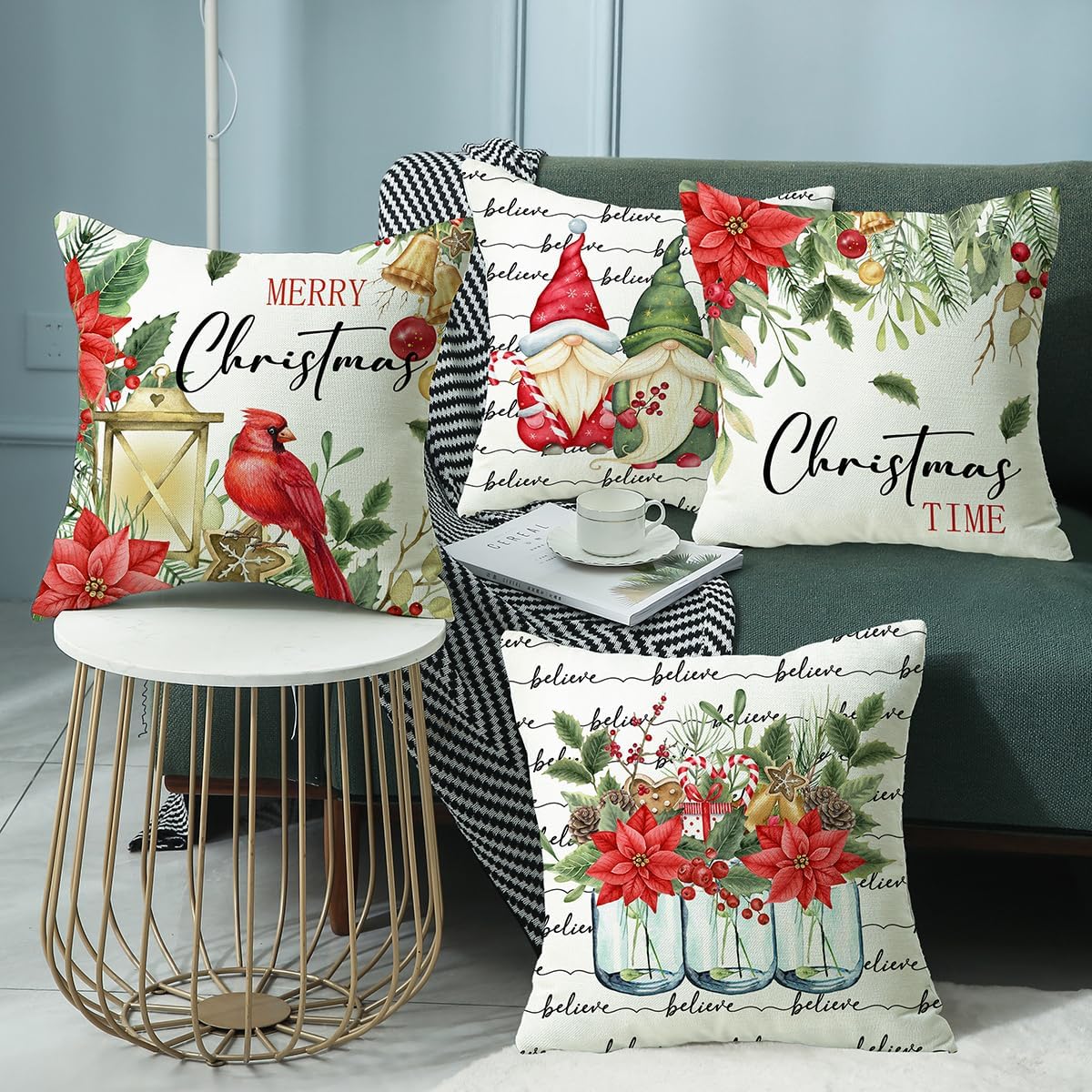 Juego de 4 fundas de almohada navideñas de 18 x 18 pulgadas, fundas de cojín para decoración de vacaciones de invierno para sofá, sala de estar y