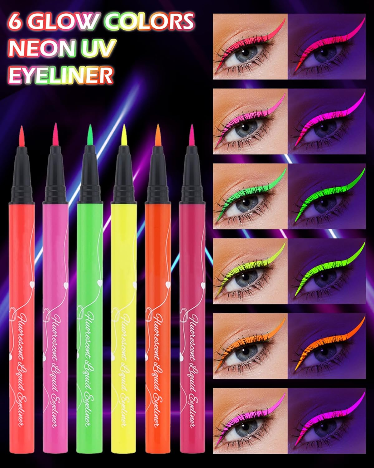 Juego de delineador líquido de neón con brillo UV, 6 colores mate, delineador de ojos de arcoíris mate, delineador de ojos neón luminoso de colores,