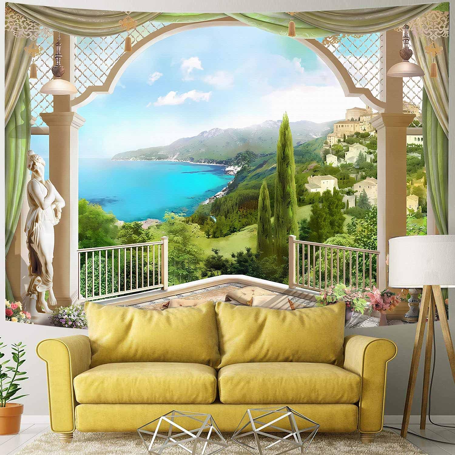NTERC Tapiz de naturaleza con vista al balcón, verano, exuberante bosque, montaña, paisaje, para colgar en la pared, 80 x 60 pulgadas, isla