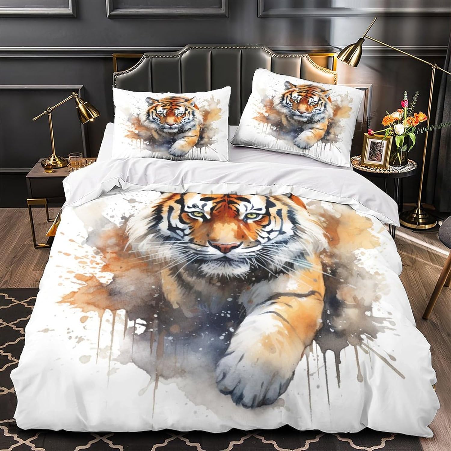 OPSREY Juego de funda de edredón de animales impresos en 3D de tigre, funda de edredón de 3 piezas con fundas de almohada para niños y adultos,