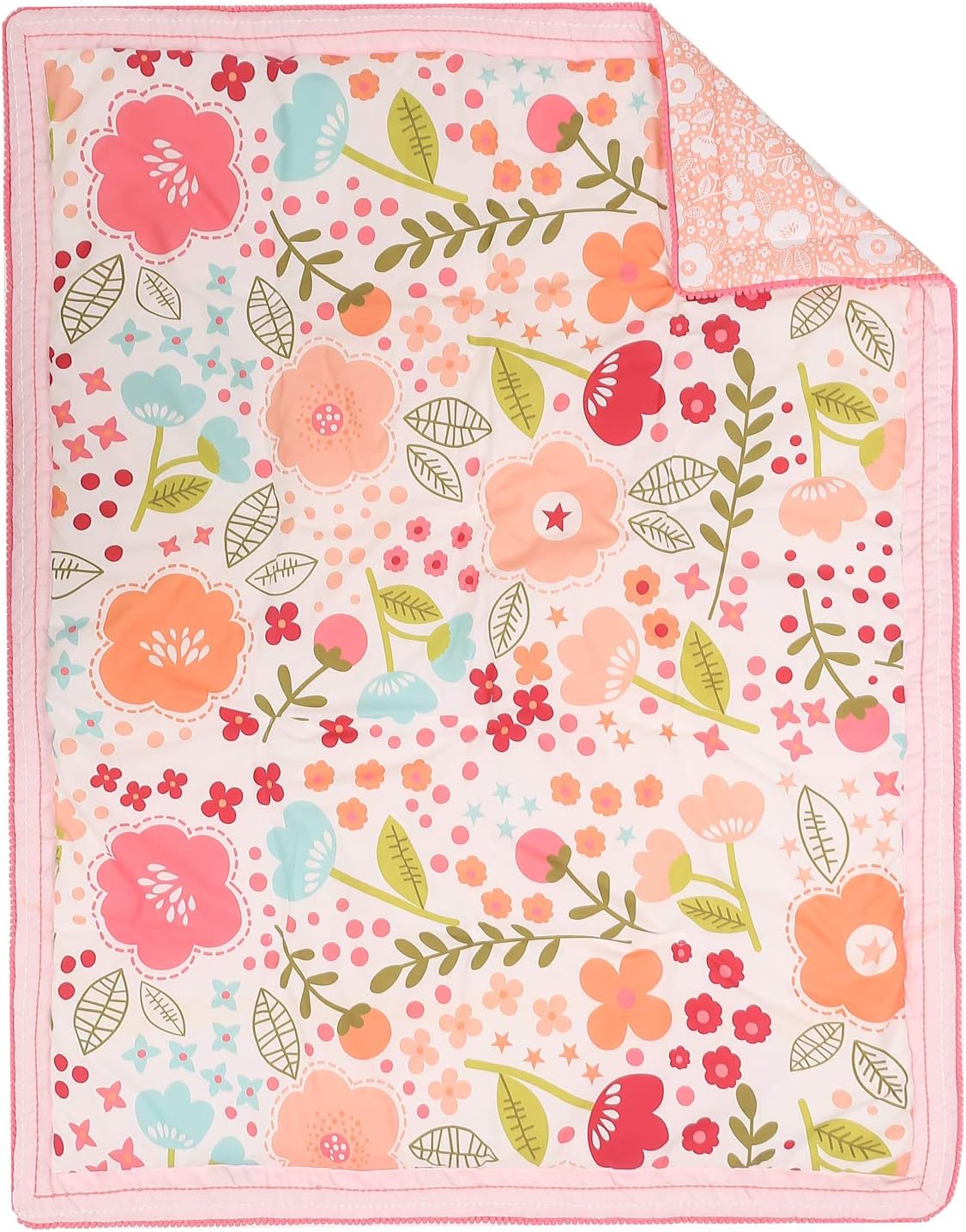 Juego de ropa de cama para cuna de guardería floral rosa para niñas, juego de cama de 4 piezas de acuarela con flores rosas con cenefa de ventana