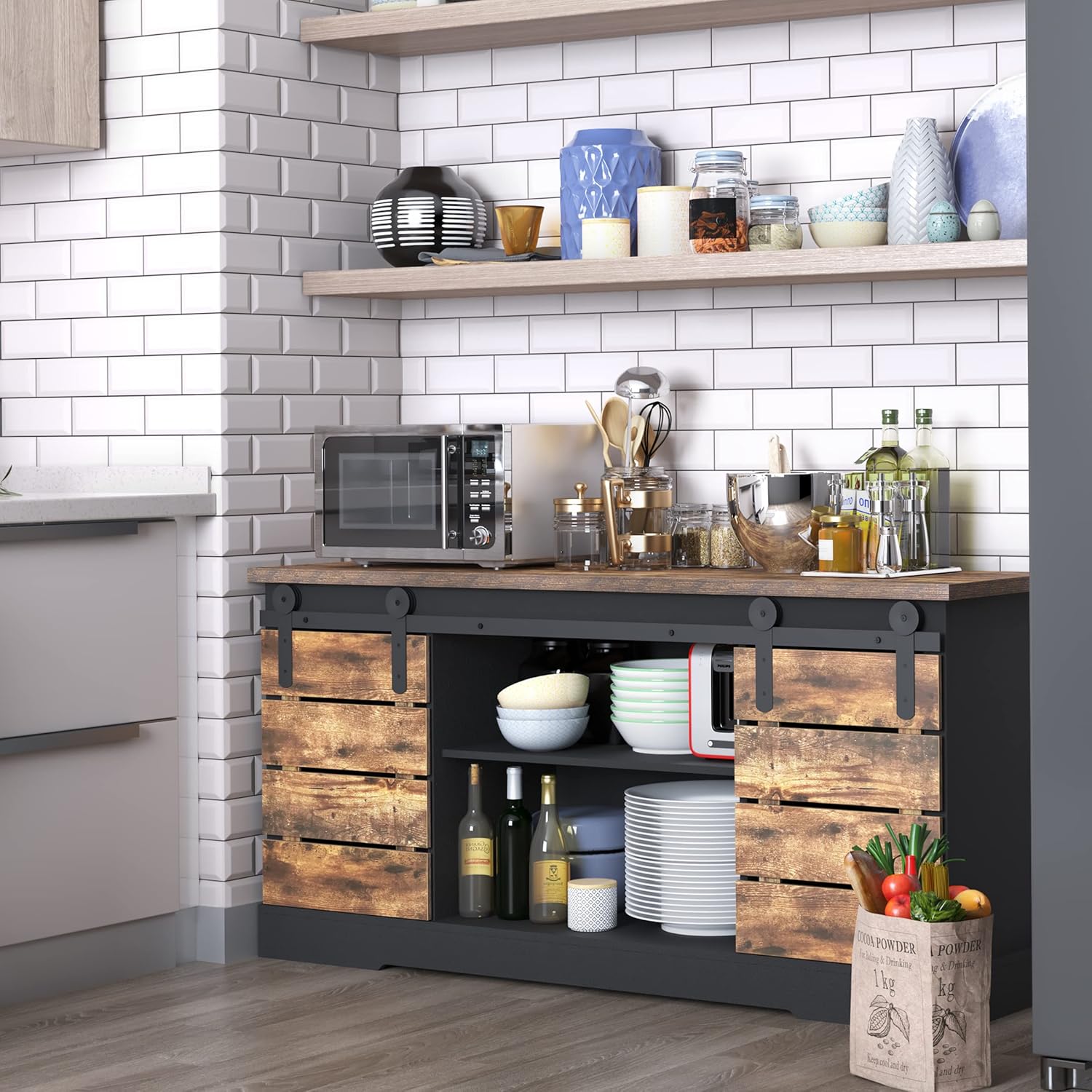 NSdirect Aparador de cafetera, soporte de TV moderno, estación de buffet de granja, puerta corrediza de granero, consola de credenza con listón y