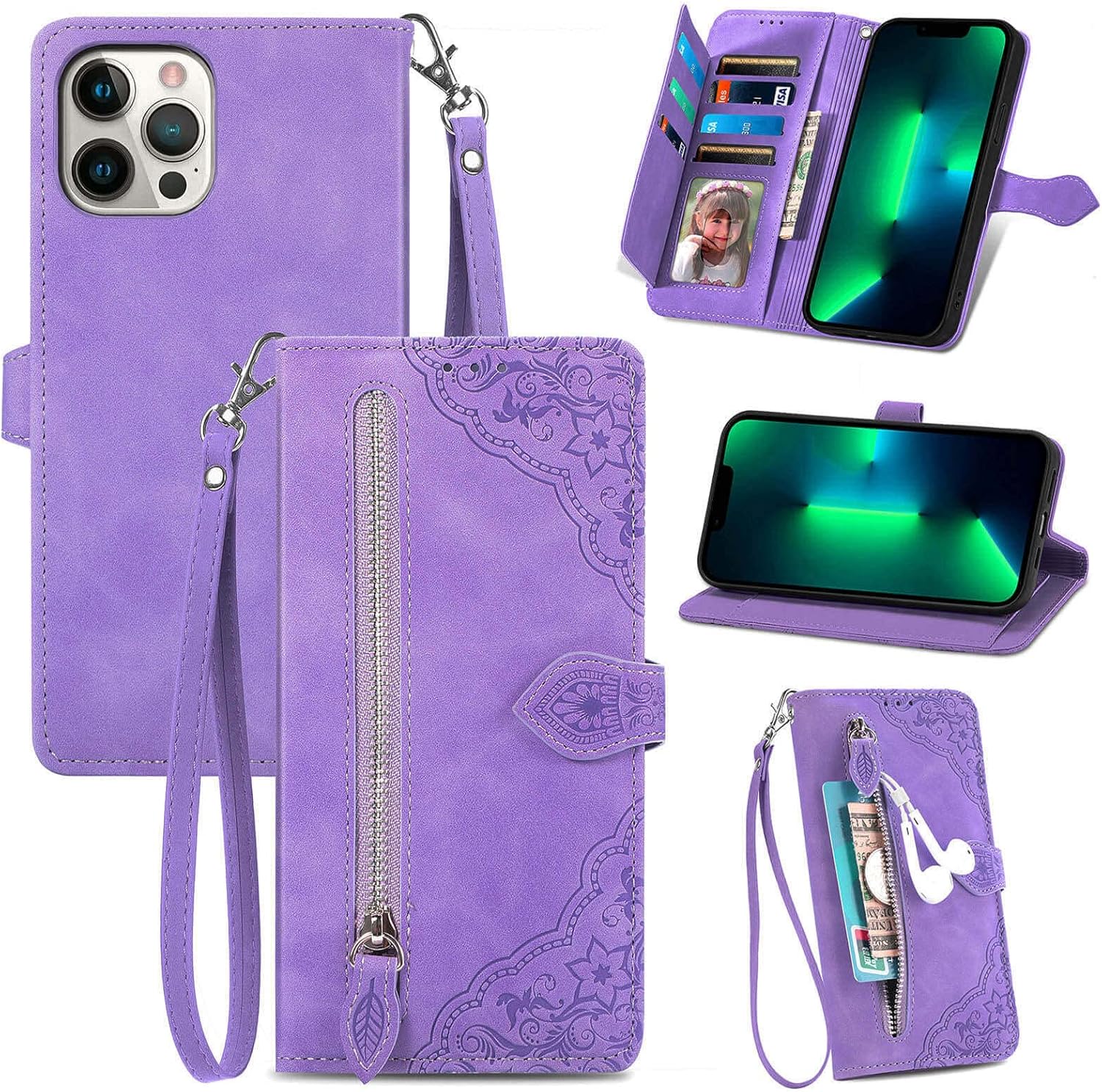 KRHGEIK Funda diseñada para iPhone 12 para mujer, funda protectora de piel sintética en relieve, correa magnética para la muñeca, soporte para