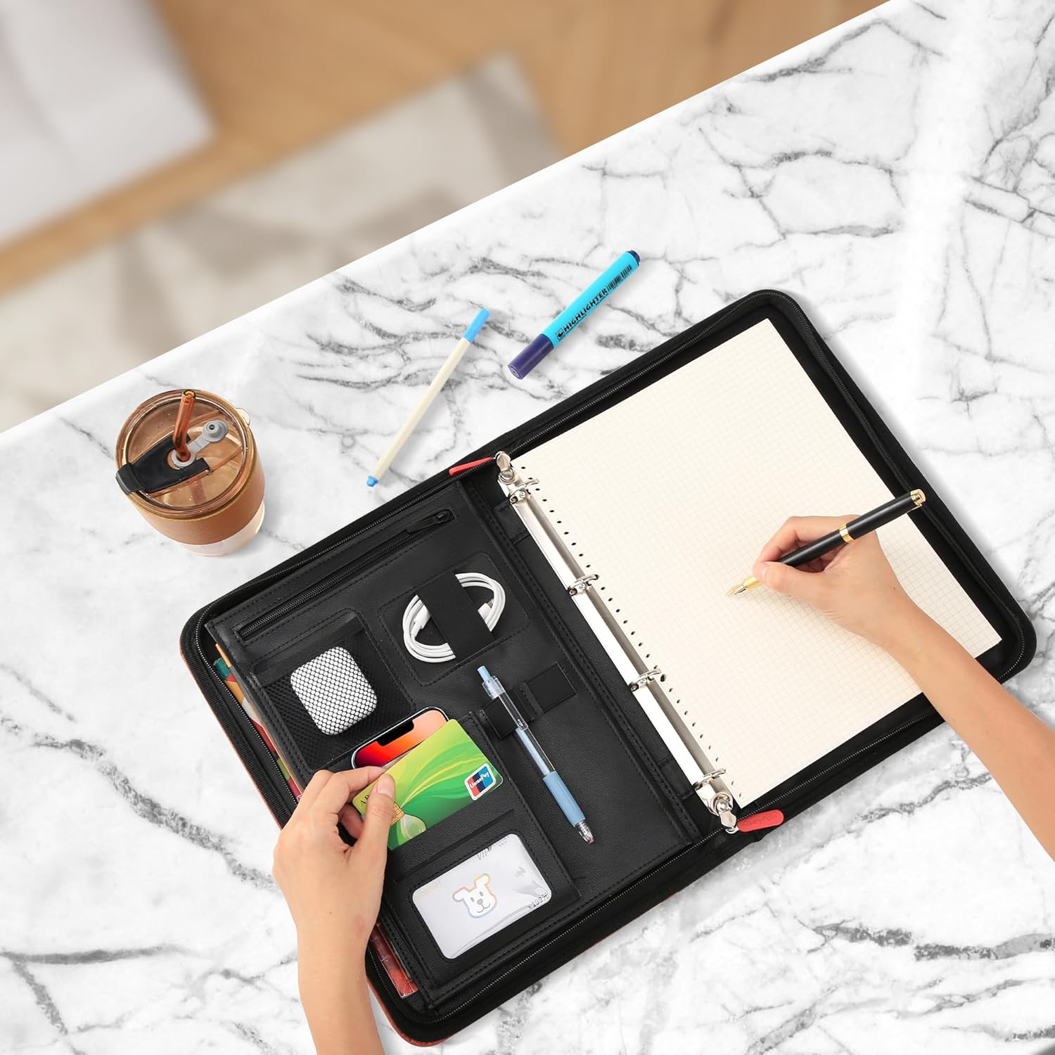 Padfolio – Organizador de piel sintética, carpeta con cremallera de 4 juntas tóricas (rojo y marrón)
