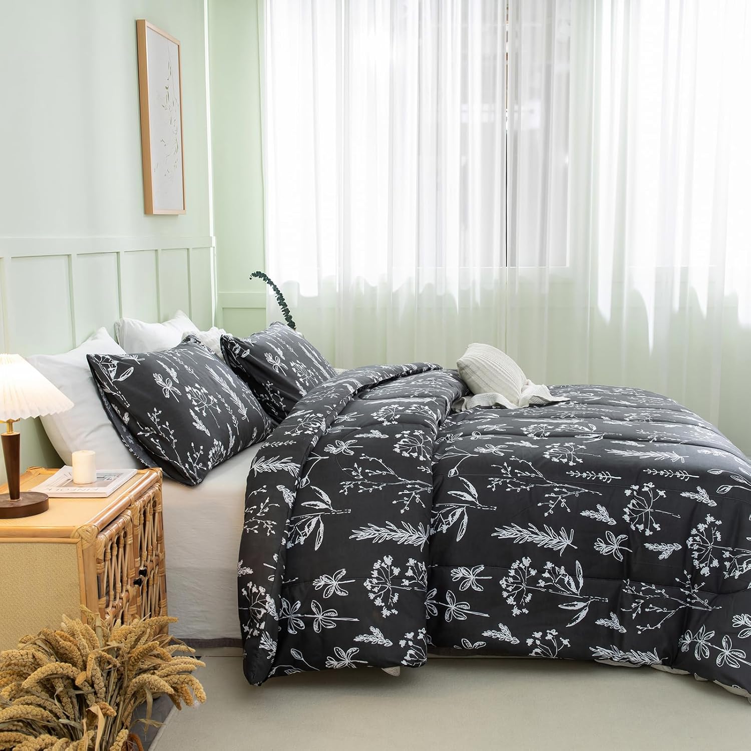 Herside Juego de edredón floral negro tamaño Queen, juegos de ropa de cama de granja, edredón floral suave y ligero con plantas, juego de ropa de