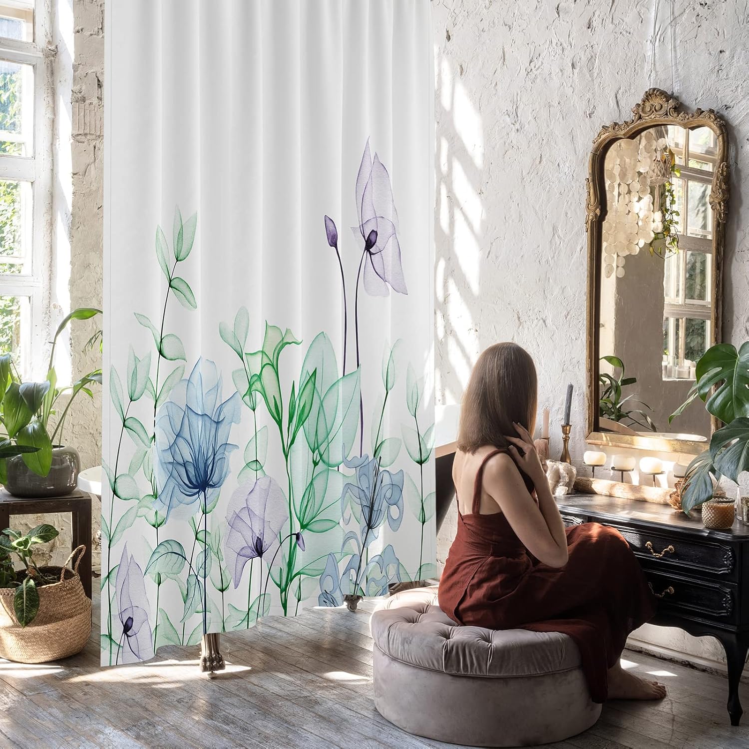 Juego de cortinas de ducha de tela floral con 12 ganchos, cortina de baño de acuarela, accesorios decorativos modernos para baño, flores y hojas