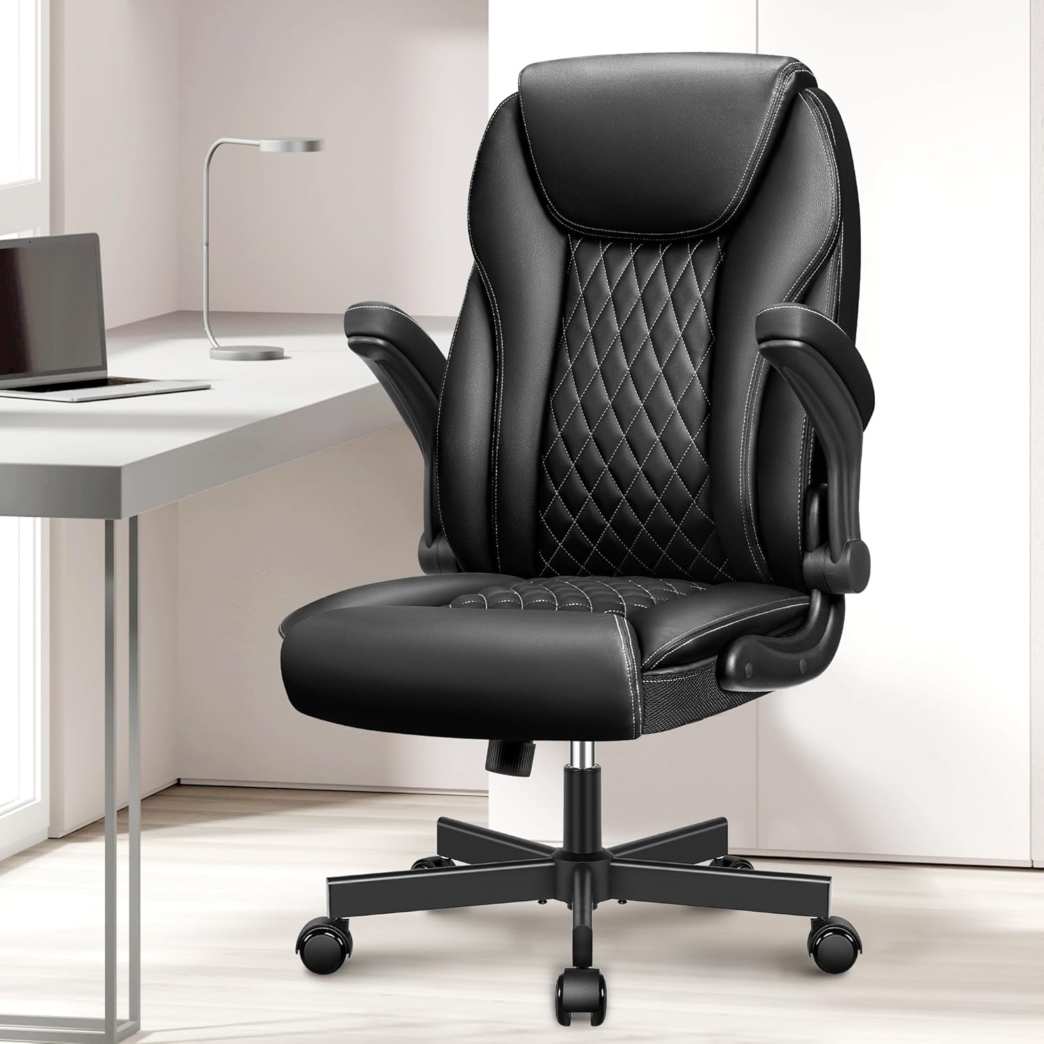 BestEra Silla de oficina ejecutiva ergonómica de cuero, silla ancha de oficina en casa con brazo abatible ajustable, silla de escritorio para