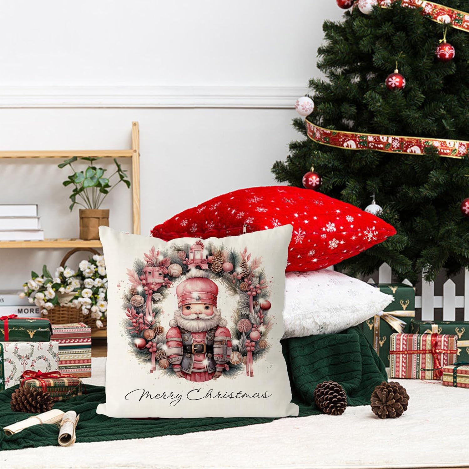 GAGEC Fundas de almohada navideñas de 18 x 18 pulgadas, corona de cascanueces, fundas de almohada rosadas, fundas de almohada de Navidad para