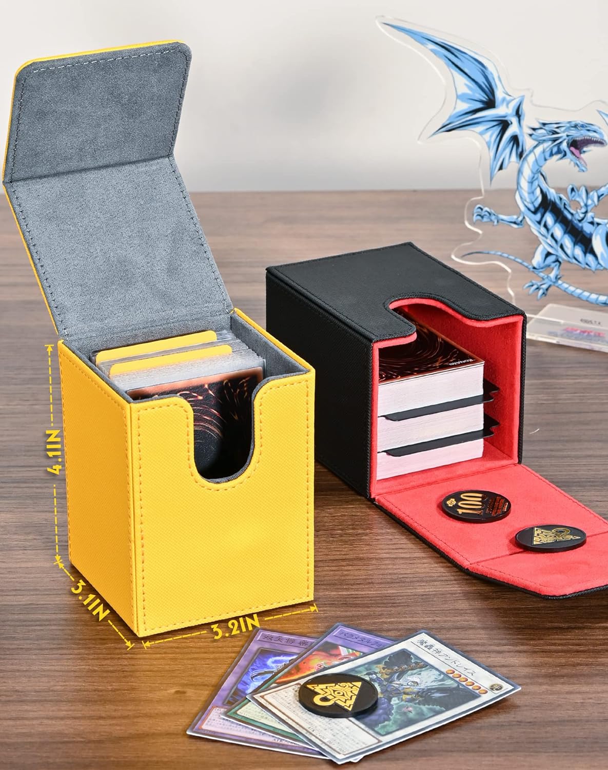 UAONO Caja de cartas para tarjetas Yugioh MTG, más de 100 fundas con 2 divisores para TCG CCG, caja de almacenamiento de tarjetas de piel sintética