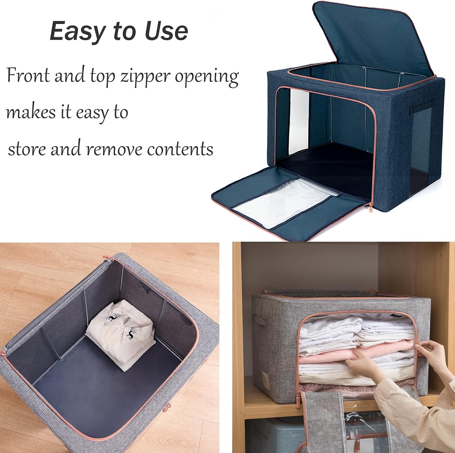 Large Capacity Clothes Storage Bags,Stackable Storage Organizer with Foldable Metal Frame, Zipper, Handles, Clear Window, Navy, 3 Pack)