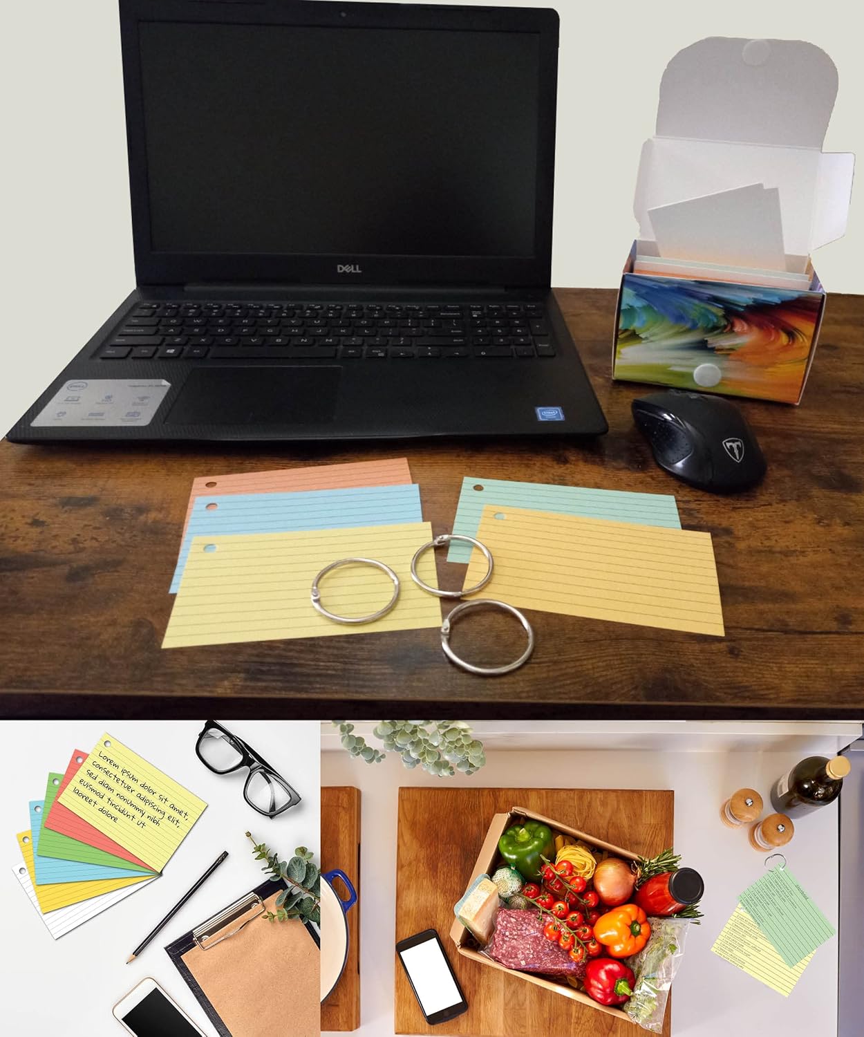 Debra Dale Designs – Tarjetas de notas a rayas con anillos, paquete de 300 unidades de 3 x 5 pulgadas, 6 colores en caja de almacenamiento segura,
