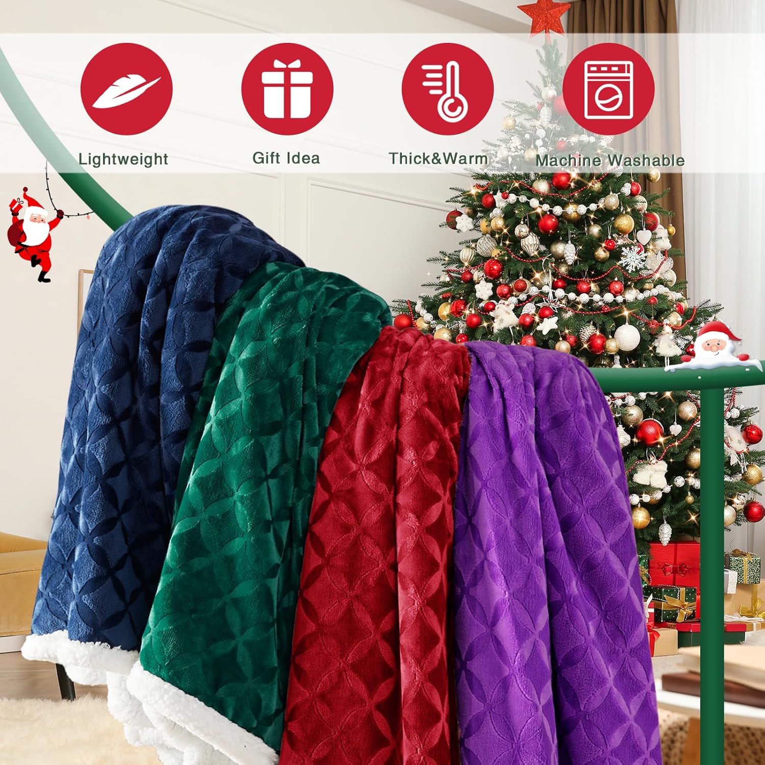 inhand Manta de sherpa suave de Navidad, manta roja cálida, acogedora manta reversible de franela de vellón para sofá, cama, manta grande de felpa