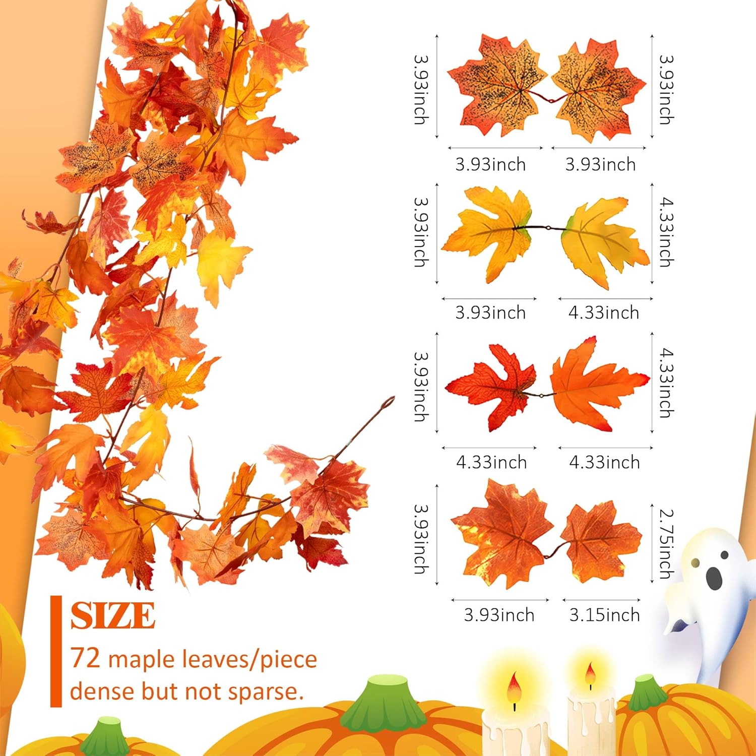 Paquete de 3 guirnaldas de hojas de otoño, 5.7 piespieza, decoración de hojas de arce para manto, chimenea, guirnalda artificial de follaje otoñal