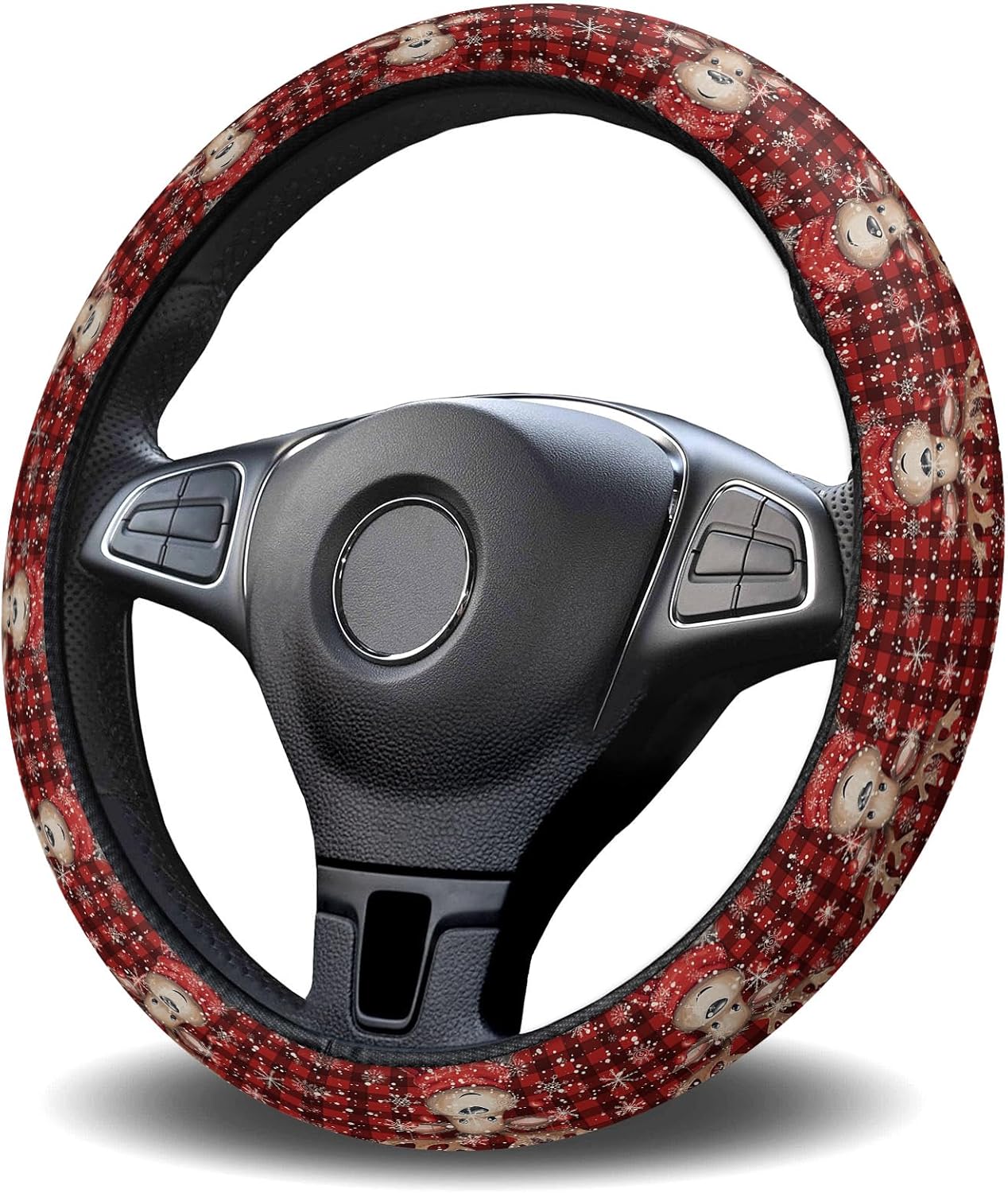 Car Steering Wheel Cover, Christmas Snowflake Elk Red Plaid Elastic Stretch Sponge Steering Wheels Protective Cover for Vehicles Trucks SUVs