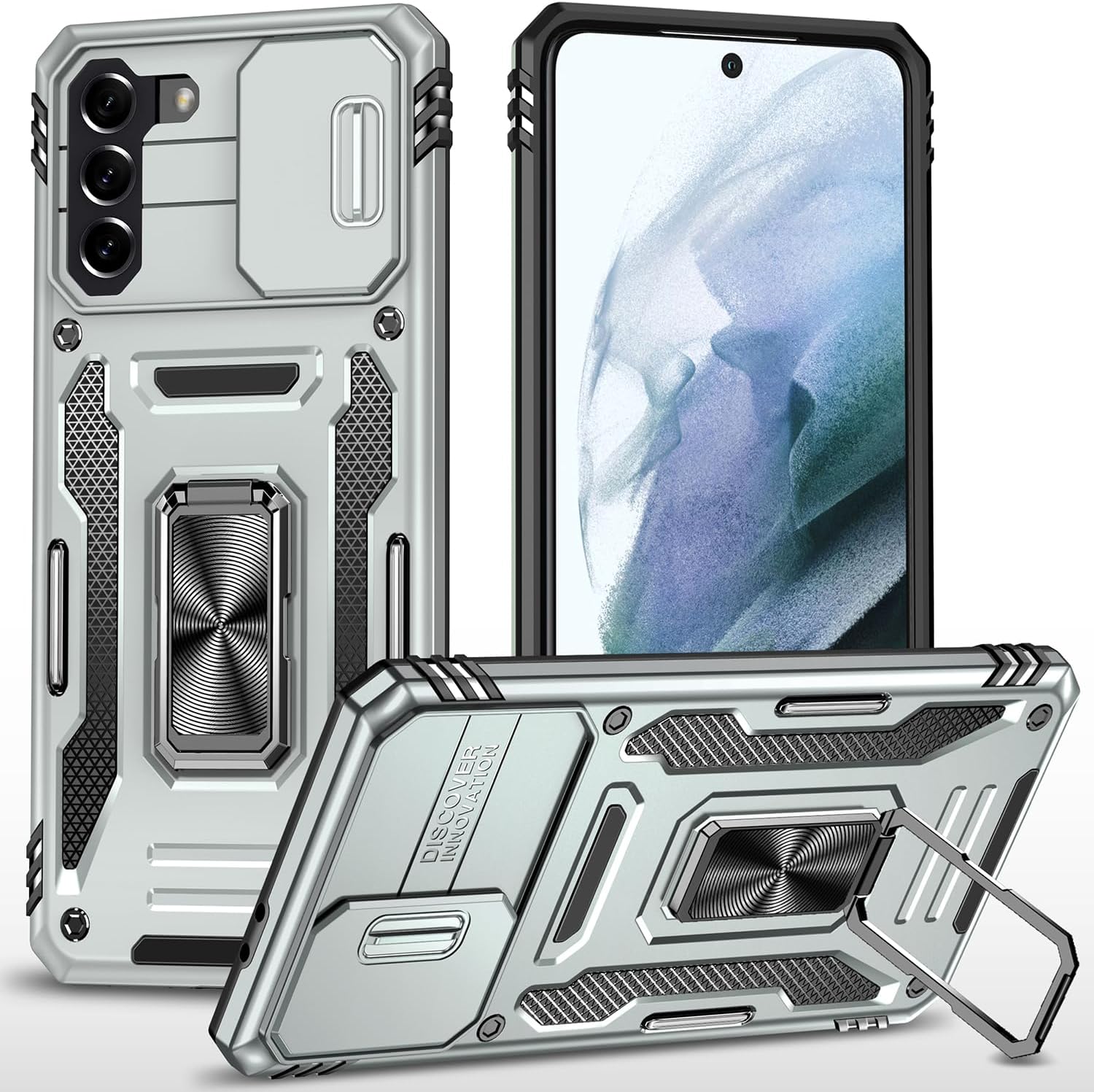 Funda para Samsung Galaxy S21 Plus S21+ Plus con cubierta deslizante para cámara con anillo de soporte de grado militar a prueba de golpes para