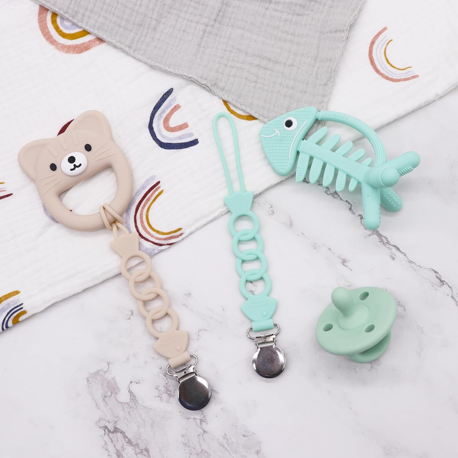 Pinza para chupete de silicona para bebés, niños y niñas, para recién nacidos, cumpleaños, baby shower, juego de 2 con clip de metal (peces)
