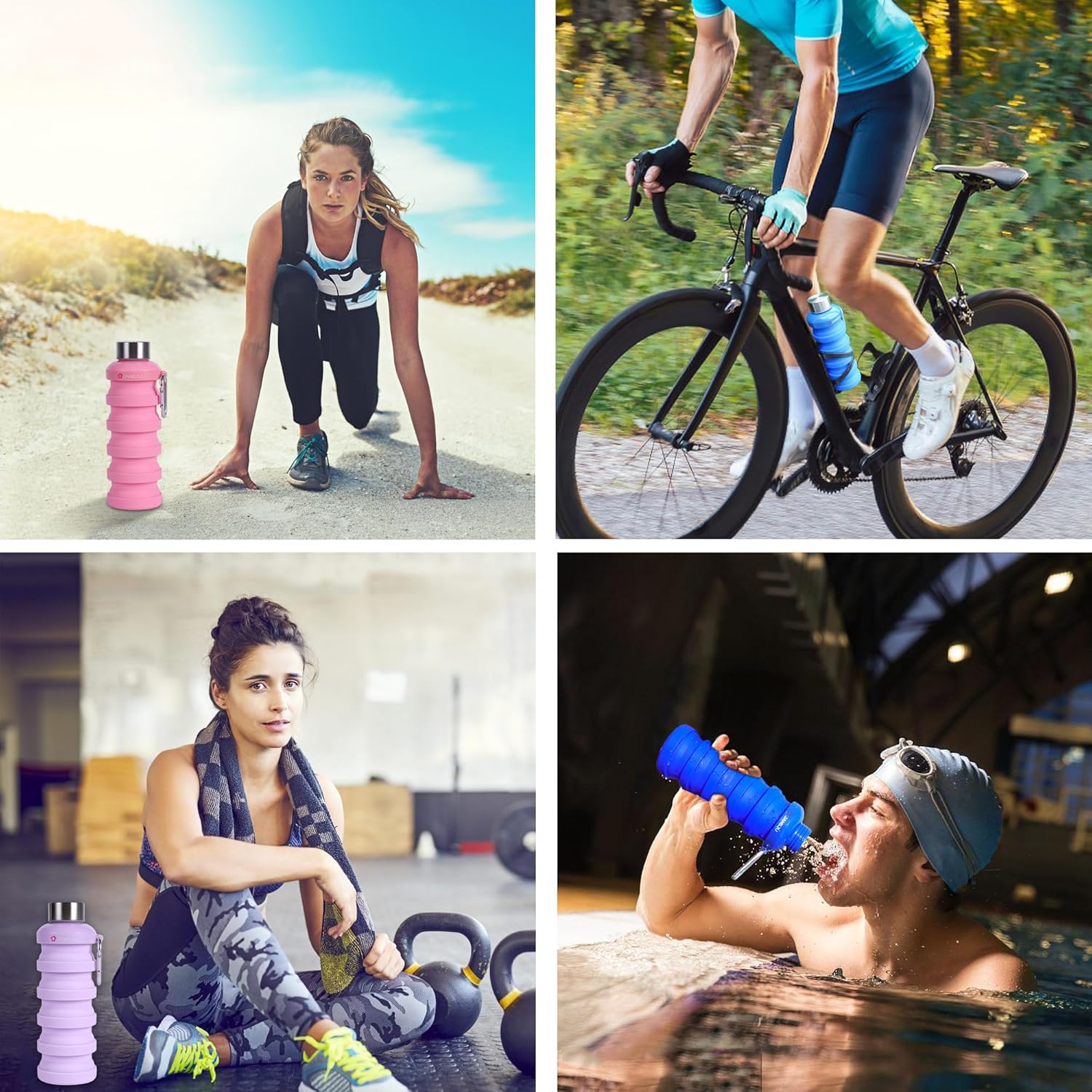 JaneJu – Botella de agua plegable de 17 onzas, sin BPA, reutilizable, portátil, ligera, plegable, con mosquetón, botella de agua deportiva portátil