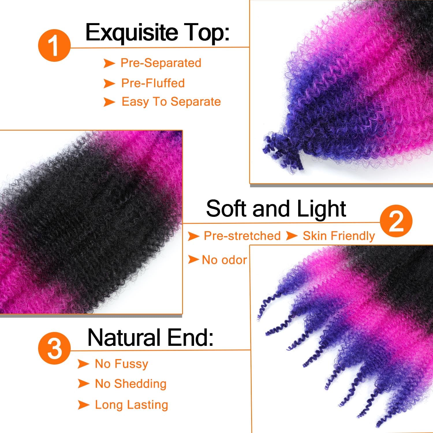 Cabello afro Twist de 24 pulgadas, negro, morado, azul, 3 paquetes de extensiones de cabello trenzado con resorte afro elástico (24 pulgadas, 3