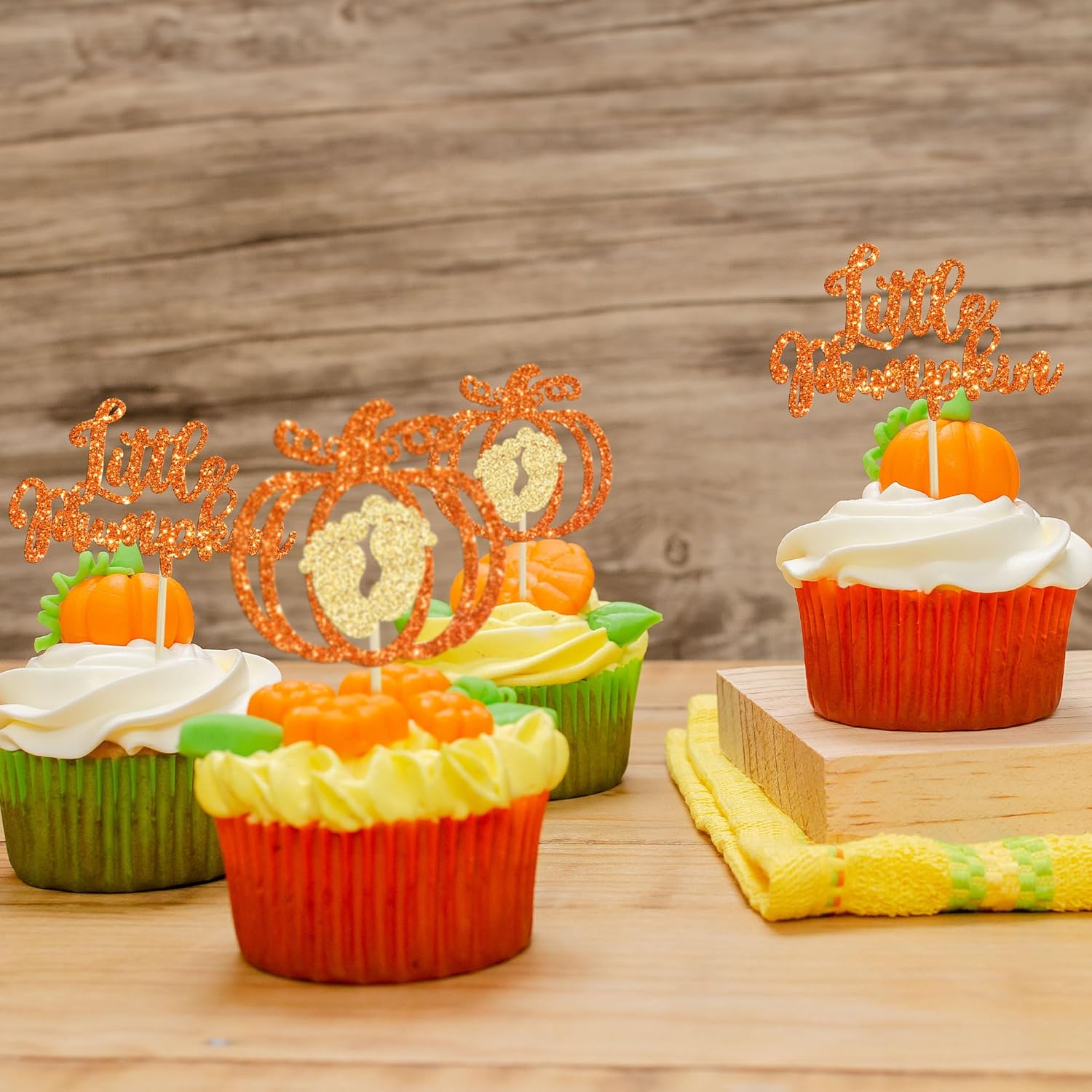 24 adornos para cupcakes de calabaza con purpurina naranja para baby shower, decoraciones de pastel de calabaza para Acción de Gracias, Halloween,