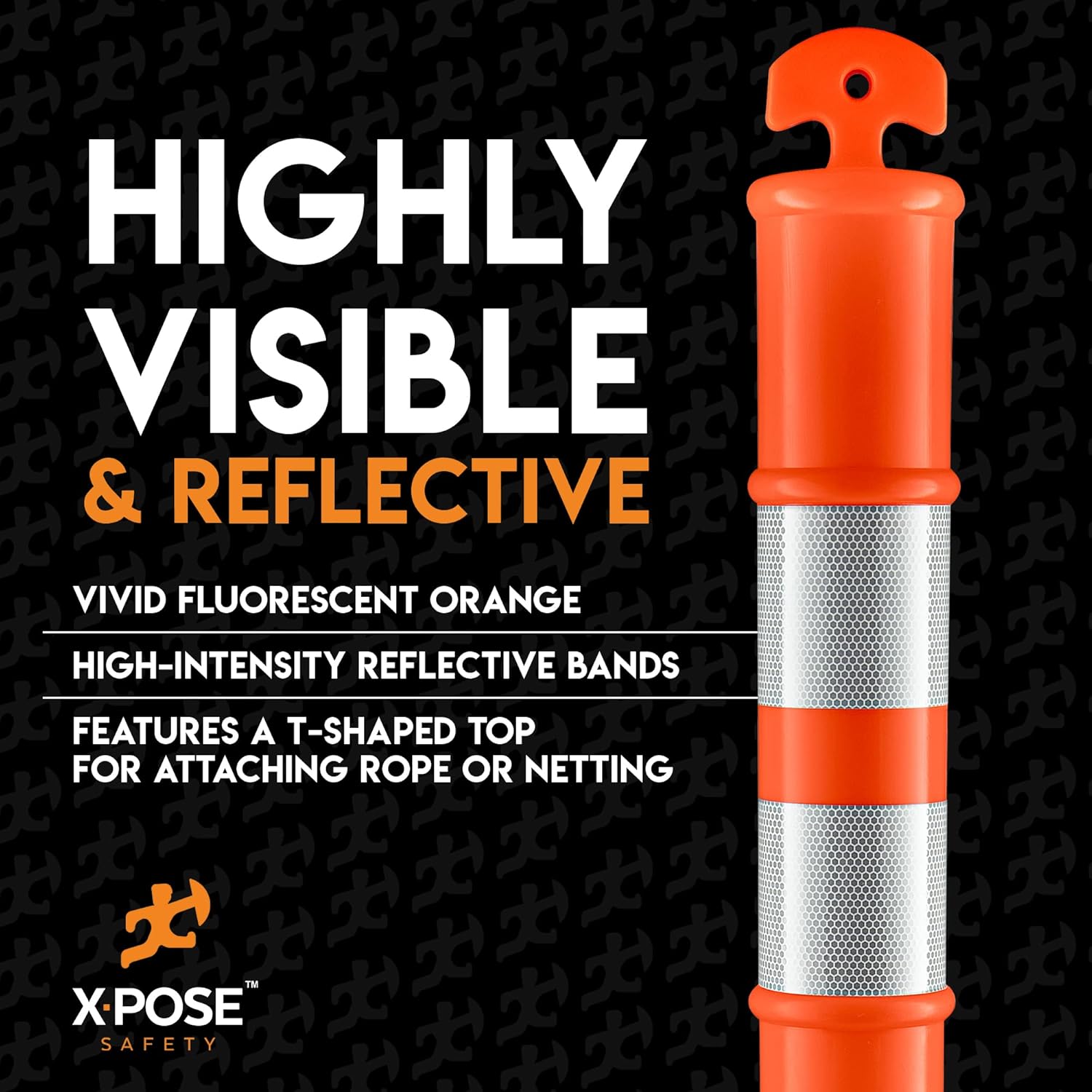 Poste delineador de 44 pulgadas con base, paquete de 3, puntal de tráfico naranja con banda reflectante de 10 pulgadas, base de goma octogonal de 13