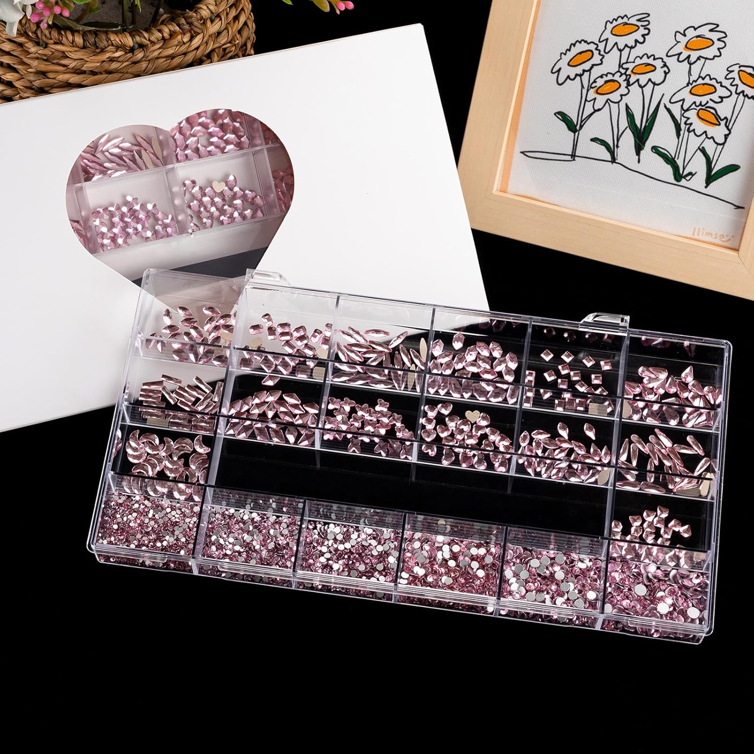 Noverlife Juego de 3830 diamantes de imitación rosados para arte de uñas, multiformas, juego de diamantes de imitación para uñas, kit de piedras