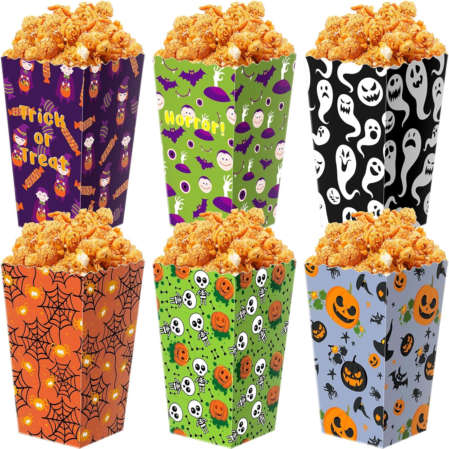 24 cajas de regalo de palomitas de maíz para fiestas temáticas de Halloween en 6 diseños, caja de golosinas para dulce o truco, contenedor de