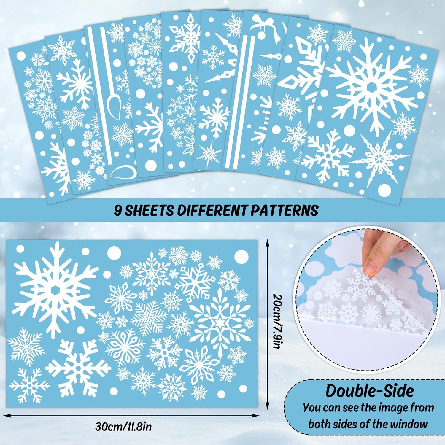 AnyDesign 9 hojas de calcomanías navideñas para ventana, diseño de copo de nieve, calcomanías de doble cara para decoración de ventanas de Navidad,