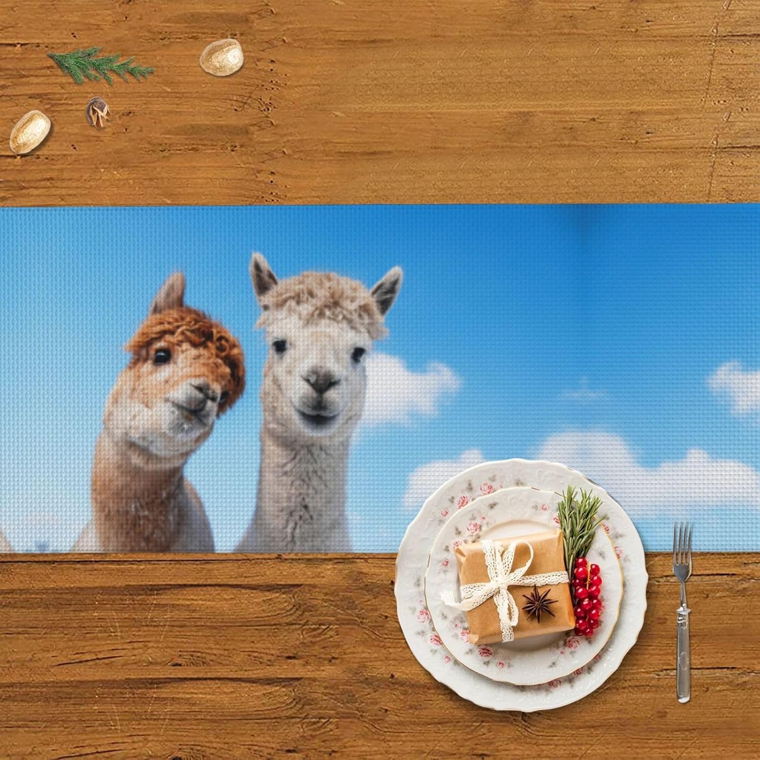 Camino de mesa navideño de dos Alpacas, decoración de mesa de comedor, decoración de Navidad, decoración de interiores del hogar, caminos de mesa de