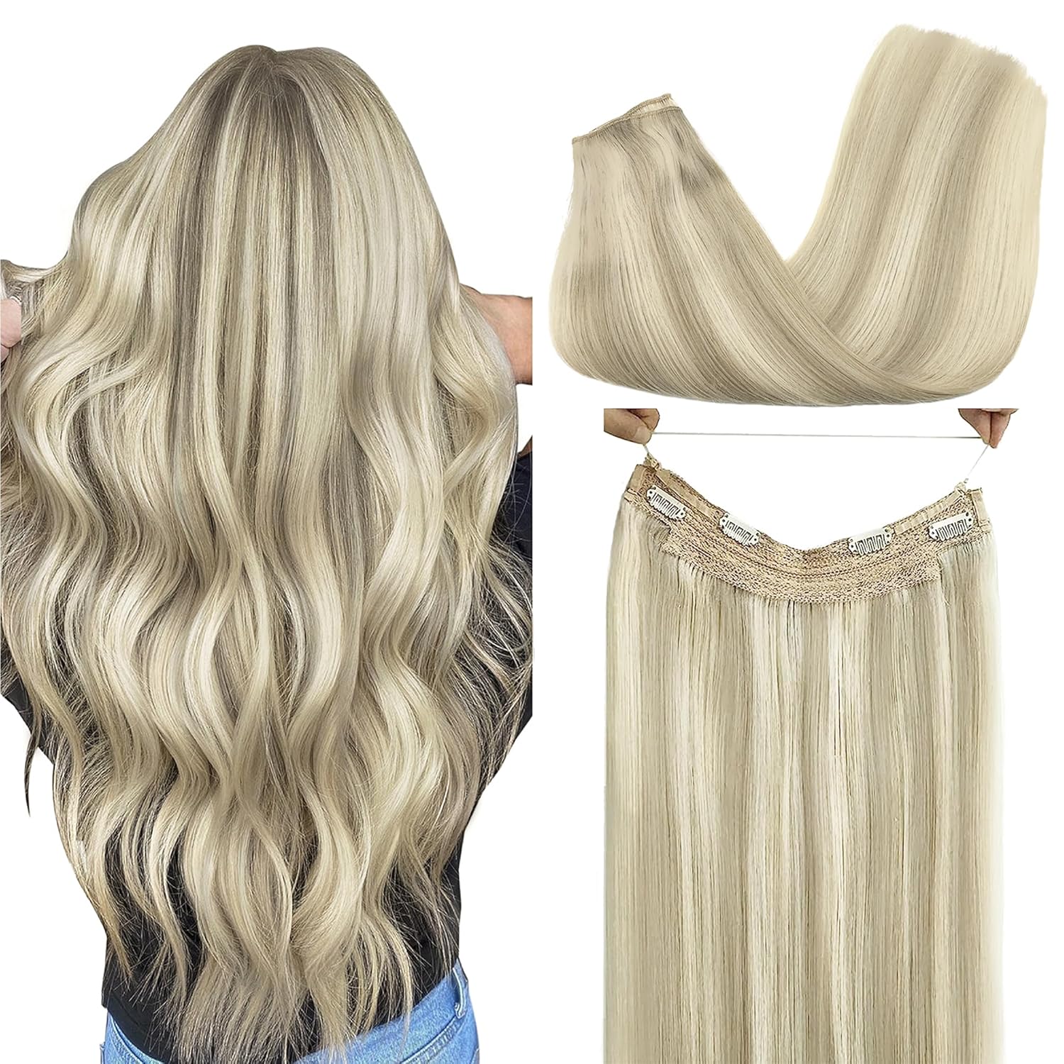 GOO GOO Extensiones de cabello humano real con alambre, 22 pulgadas, 4.06 oz rubio ceniza con reflejos platino, extensiones de cabello con alambre