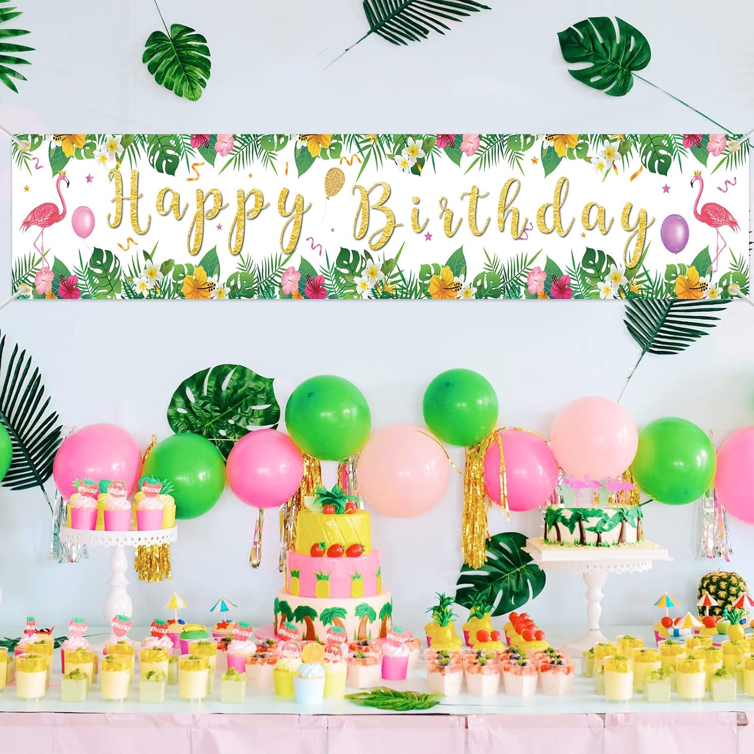 Cartel de feliz cumpleaños, decoración de fiesta de flamenco, decoración de fiesta hawaiana tropical de verano, telón de fondo de fotografía,