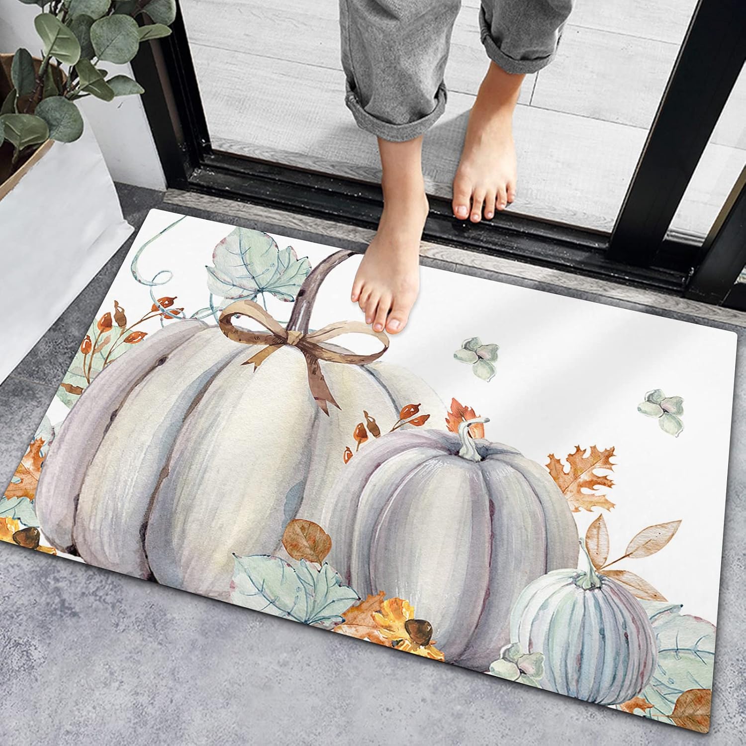 Bath Rugs Entrance Non Slip Front Door Mat Thanksgiving Retro Pumpkin Orange Maple Leaf Kitchen Carpets Botanical on White Floor Mats for Bathroom