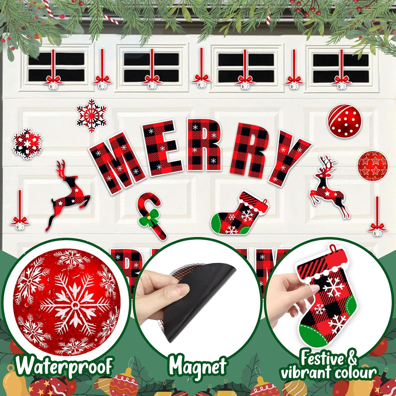 Imanes de Navidad para puerta de garaje, 38 piezas, decoración magnética grande de Feliz Navidad, murales magnéticos reflectantes para automóvil,