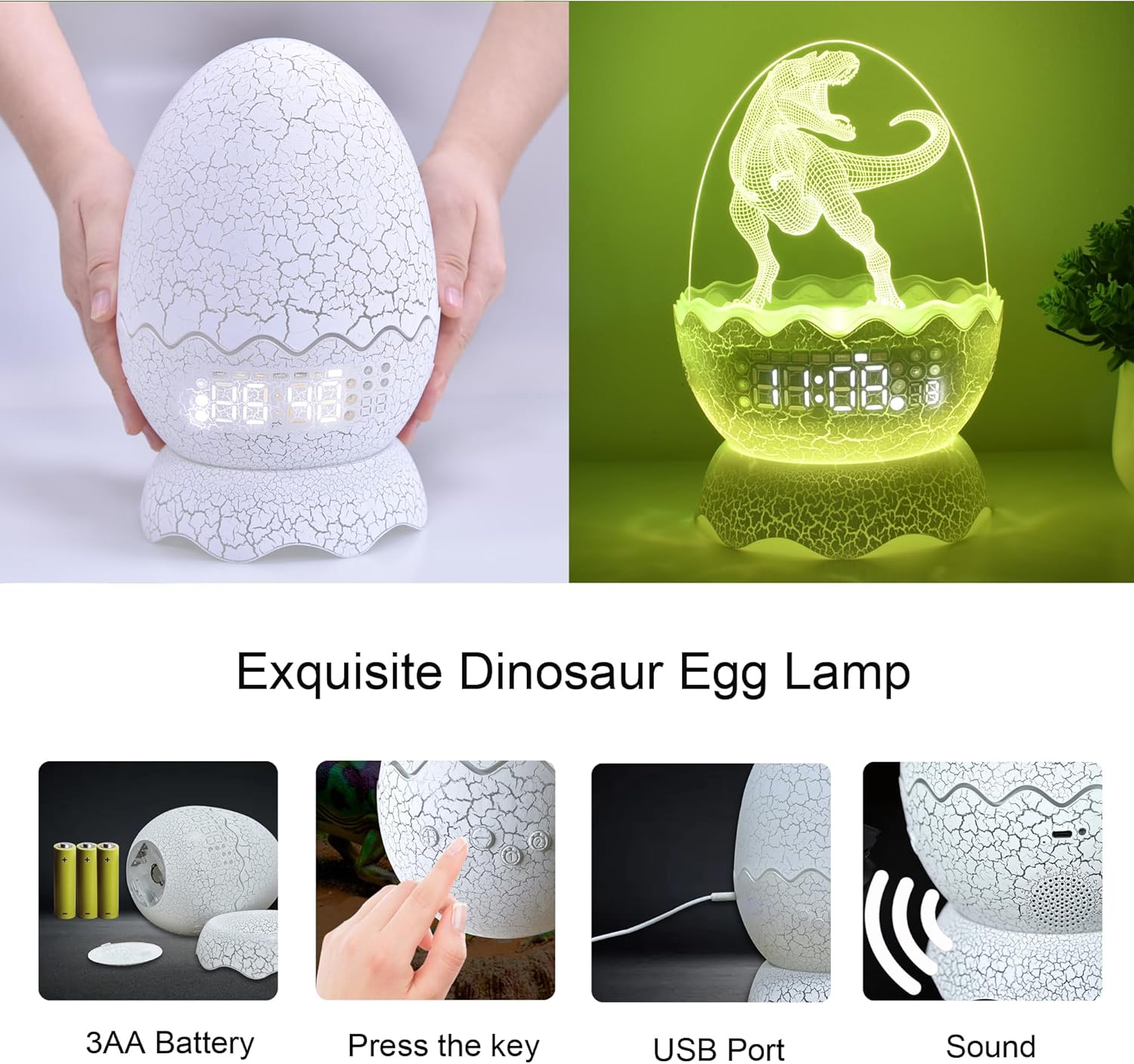 Luces nocturnas musicales de dinosaurio, reloj despertador de huevo de dinosaurio para niños, altavoz Bluetooth y ruido blanco Mahine para bebé,