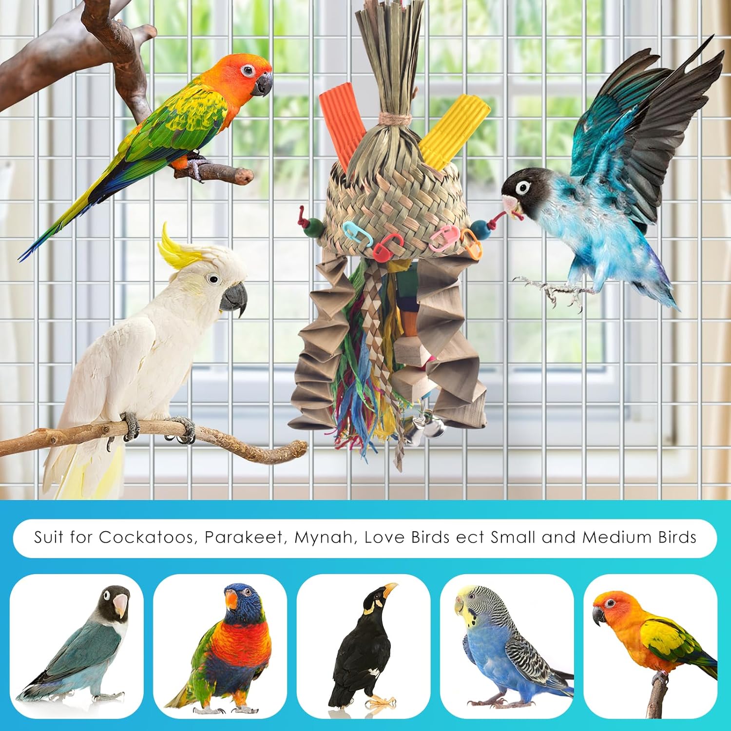 Bissap Juguetes para masticar pájaros, periquito tejido natural palmera frágil, juguetes para triturar loro colgante jaula juguete para loros,