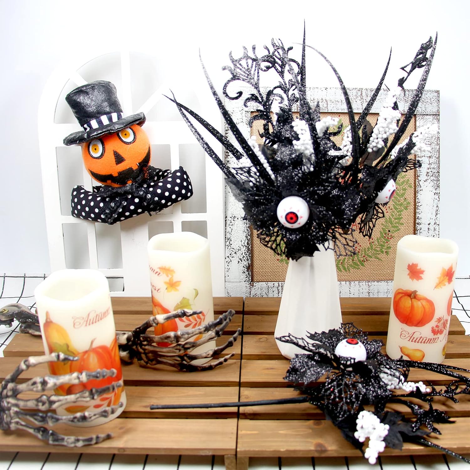 Tinsow 5 piezas de flores negras de Halloween, 16.5 pulgadas con purpurina de ojos del diablo, tallos de ojos artificiales para Halloween,