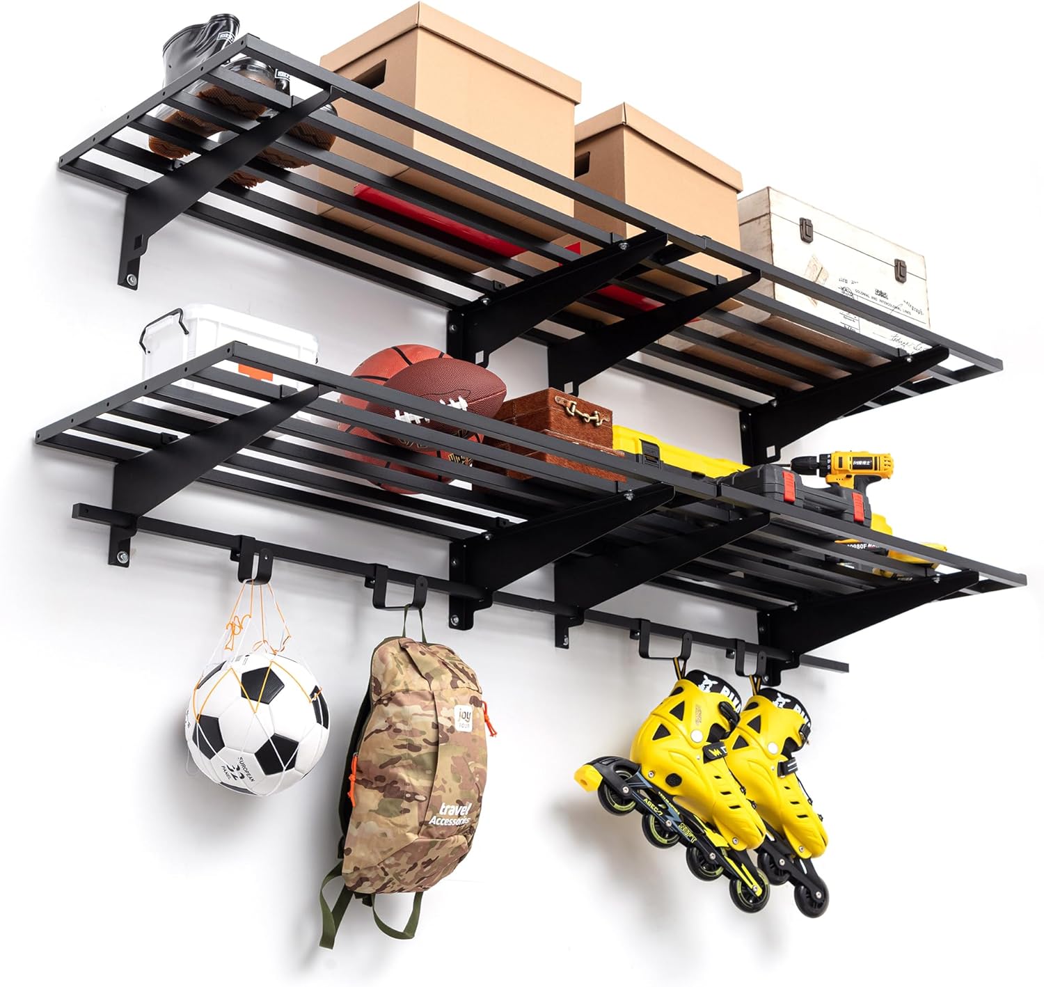 Estante de pared de garaje con ganchos, paquete de 2 estantes de almacenamiento de garaje de 1.64 x 6 pies, carga 1050 libras de 20 x 72 pulgadas,