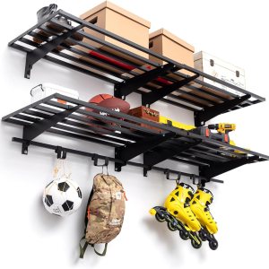 Estante de pared de garaje con ganchos, paquete de 2 estantes de almacenamiento de garaje de 1.64 x 6 pies, carga 1050 libras de 20 x 72 pulgadas, Estante de pared de garaje con ganchos, paquete de 2 estantes de almacenamiento de garaje de 1.64 x 6 pies, carga 1050 libras de 20 x 72 pulgadas,