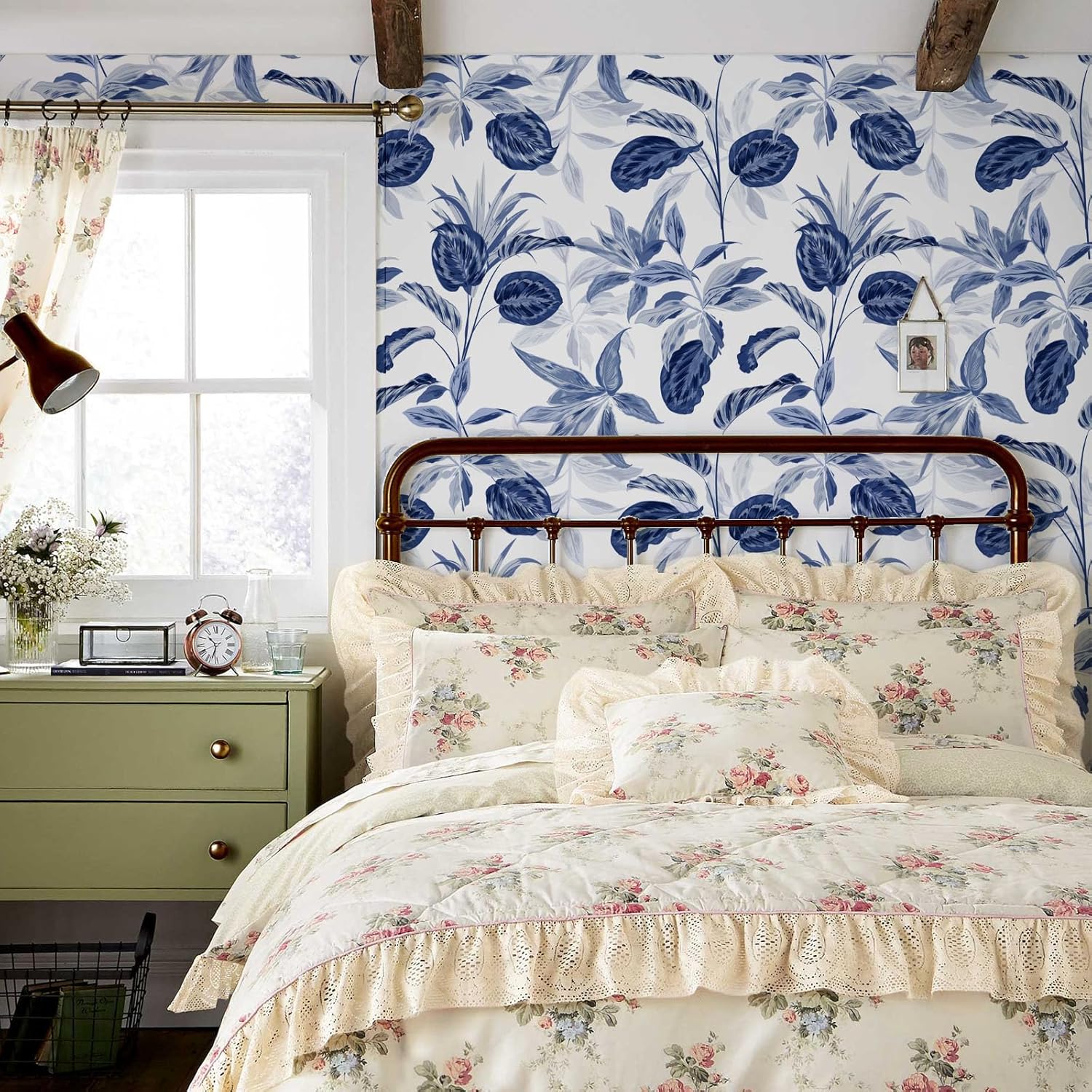 Papel tapiz adhesivo floral para despegar y pegar, extraíble, hojas azules, bohemio, fácil de despegar, autoadhesivo, moderno, impermeable, para