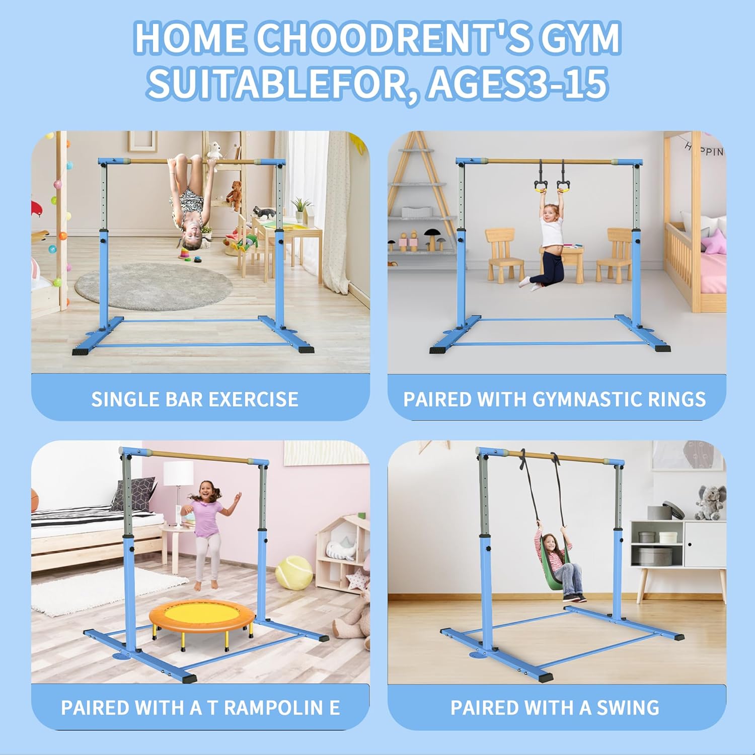 EL&ITWings Kip Bar de gimnasia, barra horizontal para niños y niñas, altura ajustable de 3 a 5 pies, equipo de gimnasio en casa, ideal para