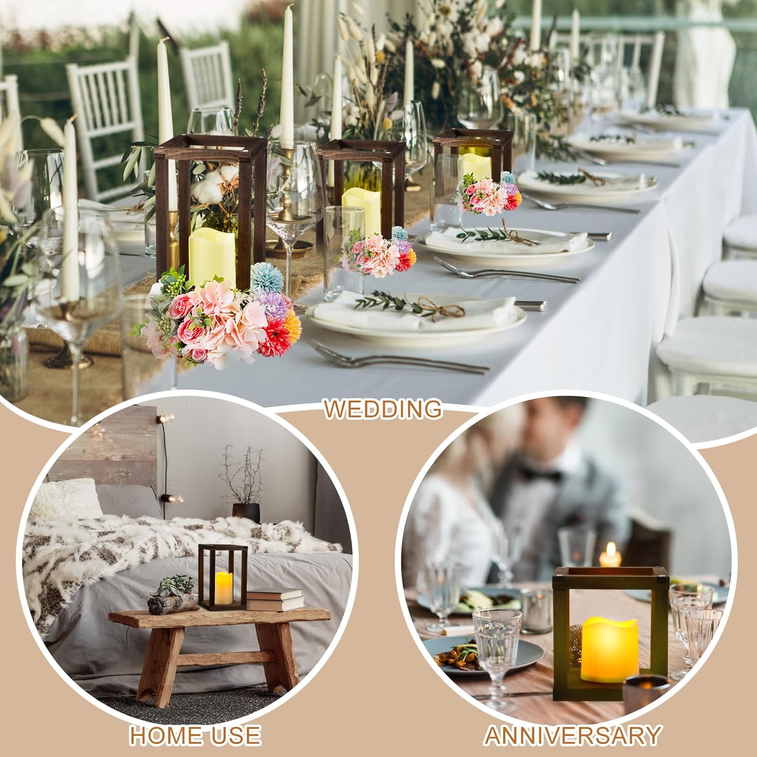 Farol de madera con vela LED, farol de boda, centros de mesa, decoración rústica de mesa de boda, decoración de casa de campo con velas sin llama