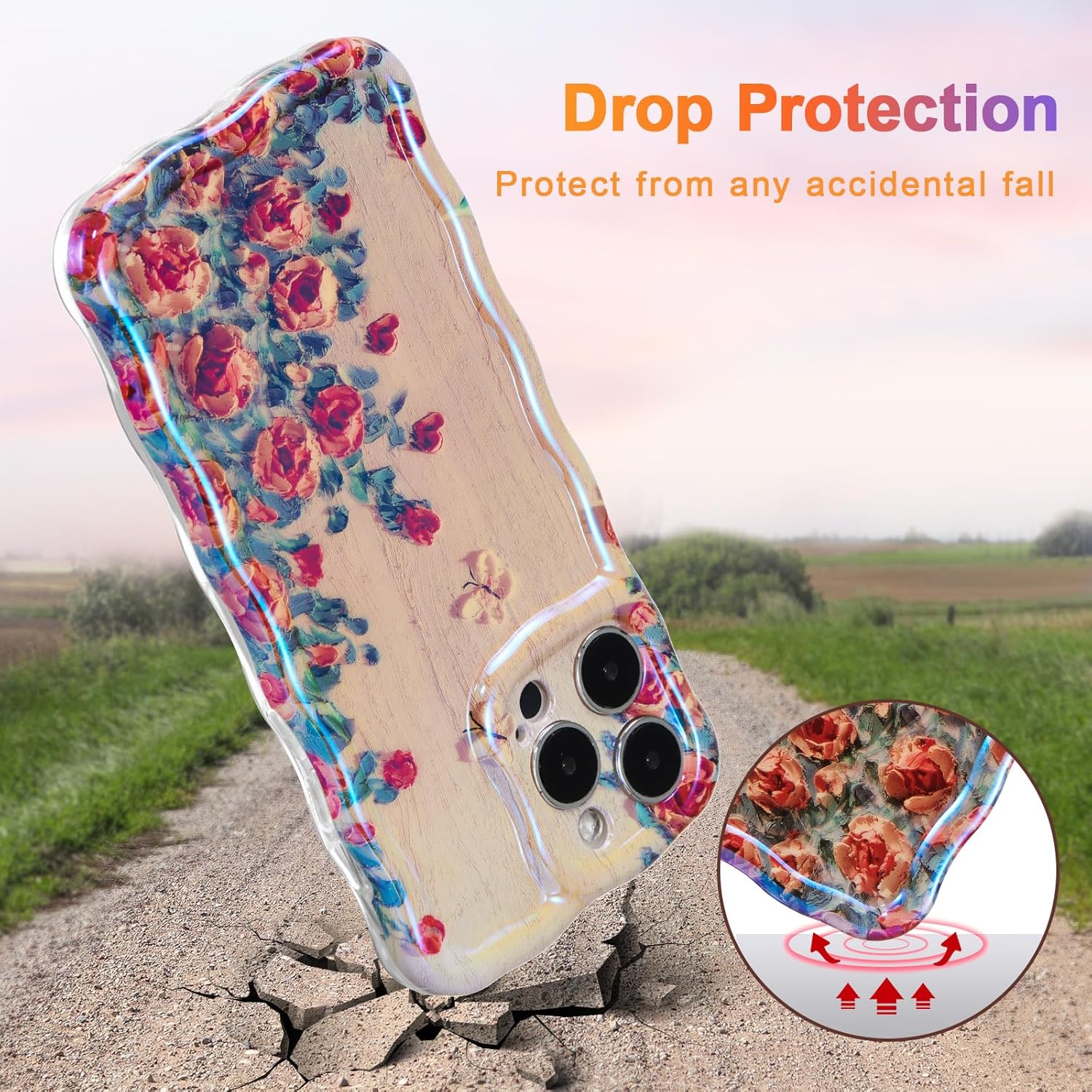 EYZUTAK Funda para iPhone 12 Pro Max, colorida pintura al óleo retro impresa flor patrón brillante láser lindo borde ondulado rizado exquisita