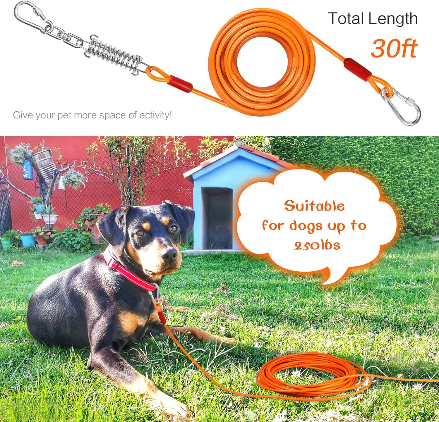 LUFFWELL Cable de amarre para perros, tapete extragrueso para acampar en el patio, correa de correr para perros de 3050 pies con resorte, ganchos
