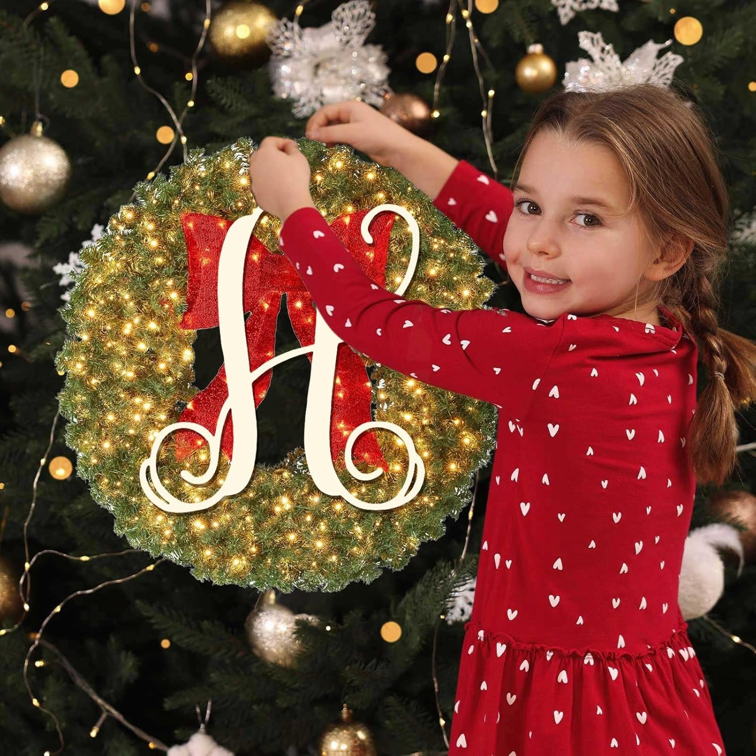 Corona de Navidad de apellido personalizada de 16 pulgadas con lazo iluminado, luces LED, 26 letras preiluminadas de abeto para puerta delantera,