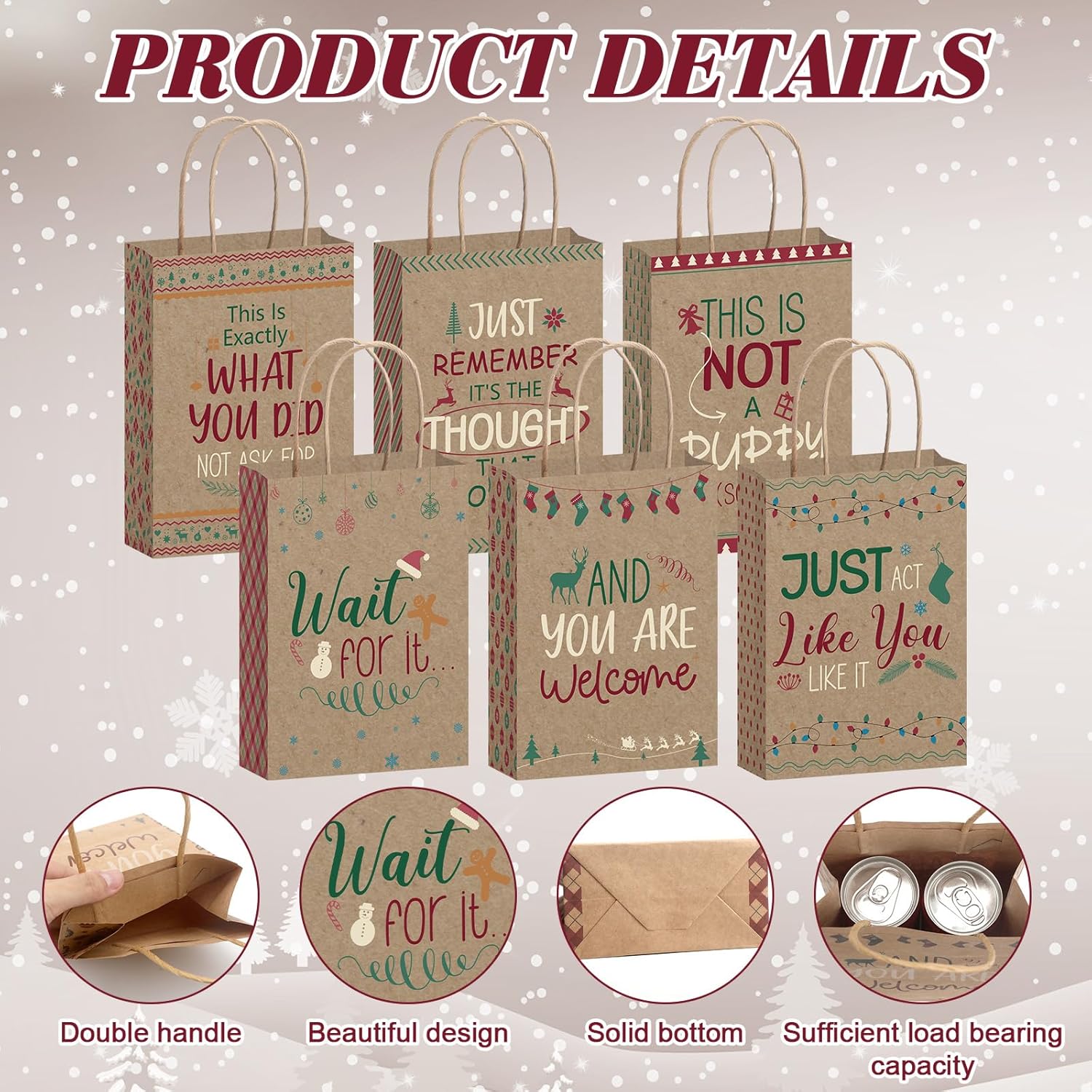 Tenceur 24 bolsas de regalo de Navidad con texto divertido a granel, bolsas de papel para fiestas de Navidad con asas, bolsa de regalo de papel