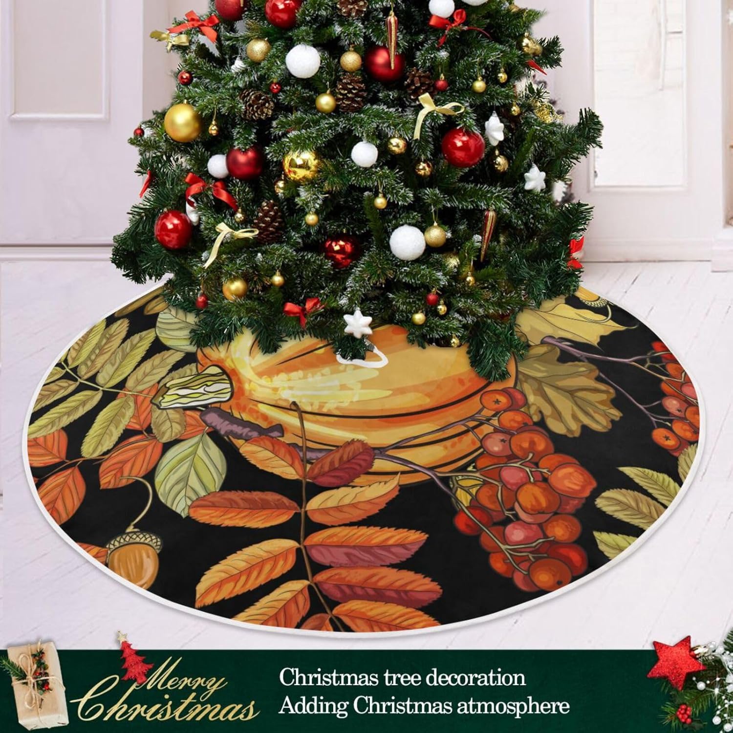 Hojas de otoño, calabazas de arce, decoraciones para árbol, falda de árbol lavable de 35.4 pulgadas, decoración de árbol de Navidad de otoño