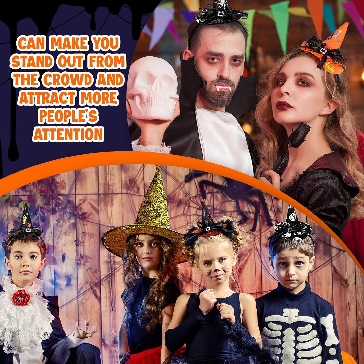 16 piezas de sombrero de bruja de Halloween, diadema para disfraz de bruja, accesorios de telaraña, diadema de calabaza puntiaguda, diadema para