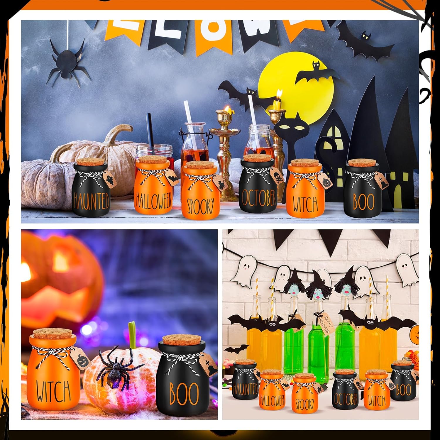 Juego de 6 mini tarros de albañil de Halloween para decoración de bandeja escalonada de Halloween, murciélagos fantasmas, calabaza, pequeños frascos